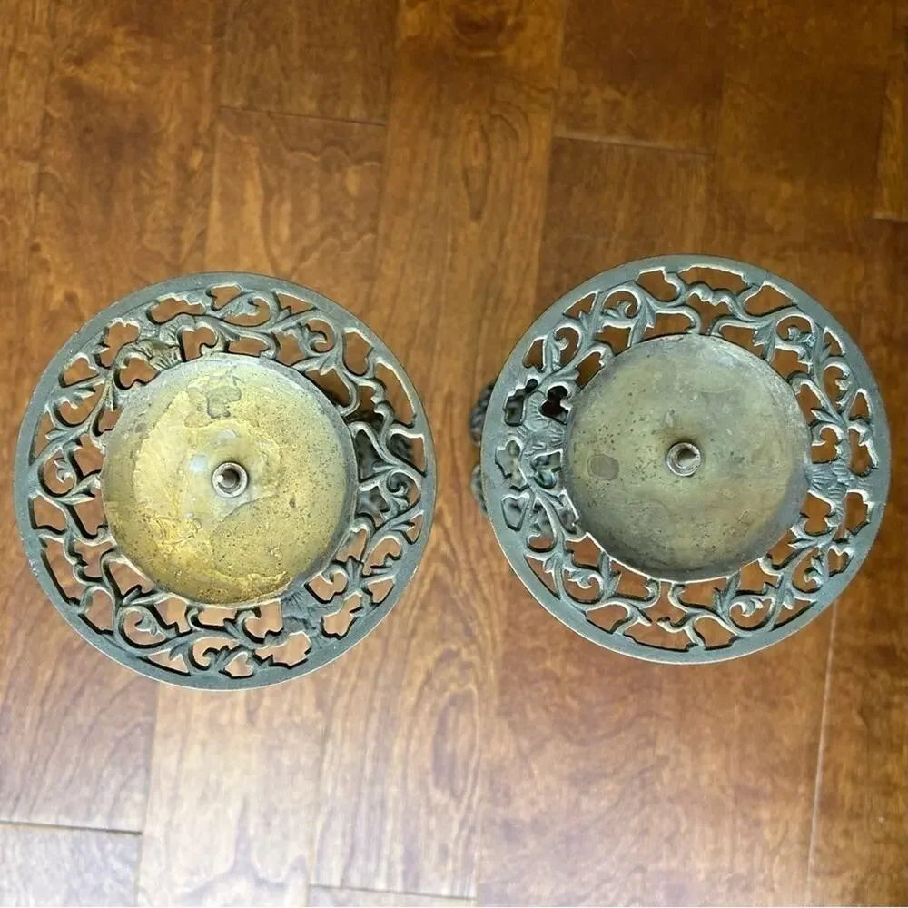 Vintage Oversized Moroccan Pierced Brass Candle Holders, Set of 2, Nice Patina